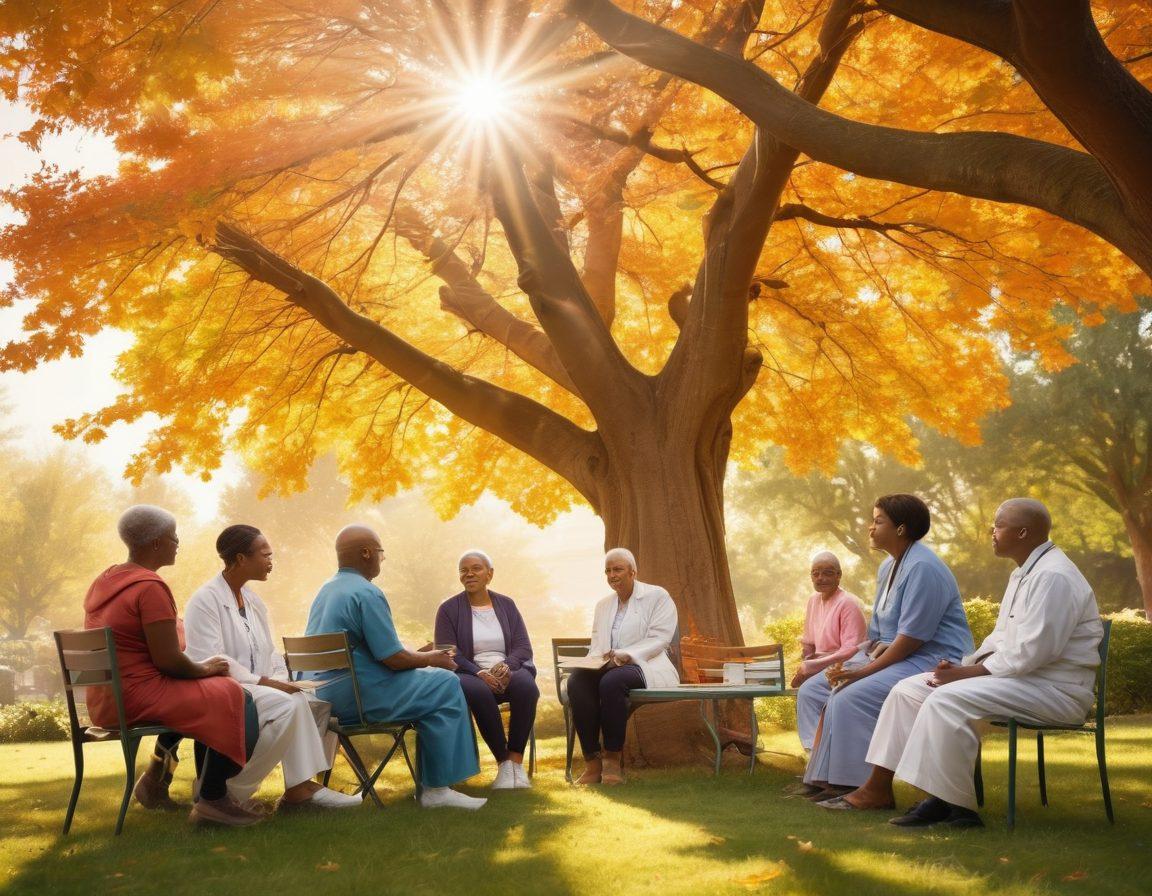 A warm and inviting scene showing a diverse group of cancer patients and their families engaged in a supportive discussion under a tree, surrounded by symbols of research like DNA strands and scientific charts in the background. Bright sunshine filters through the leaves, casting soft light on the scene, conveying hope and empowerment. Vibrant colors. super-realistic. uplifting atmosphere.
