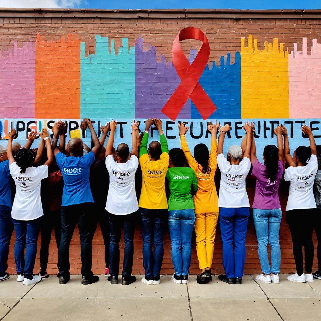 A heartwarming scene depicting a diverse group of people in a community setting, collaboratively working together on a mural that symbolizes strength and resilience. There should be banners with words like 'Support', 'Hope', and 'Unity' hanging in the background. Incorporate elements representing healthcare and survivorship, such as a stethoscope and a cancer ribbon. The overall atmosphere should exude warmth, inclusivity, and encouragement with soft, inviting colors. painting. vibrant colors. community theme.