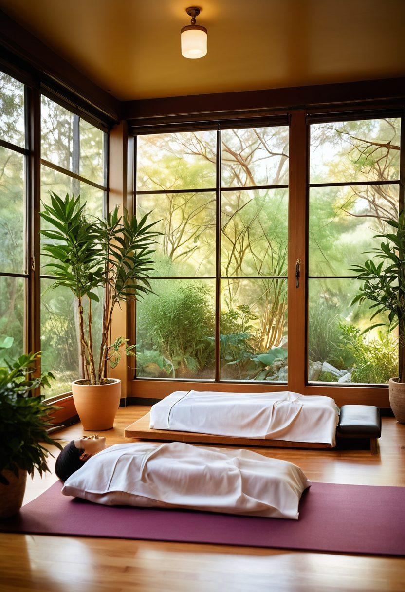 A serene healing environment showcasing a diverse group of patients engaging in various holistic treatments, such as acupuncture, yoga, and meditation, surrounded by nature. Include elements of empowerment like medical professionals providing support and patients communicating confidently. Warm and calming color palette with gentle lighting. super-realistic. vibrant colors. soft-focus background.